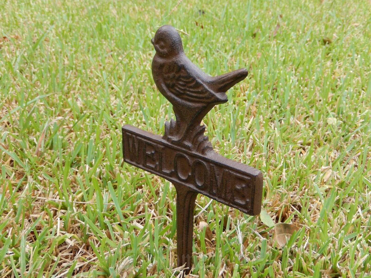 Bird Welcome Garden Ground Stake Cast Iron Yard Decor Rustic Finish 11" Tall