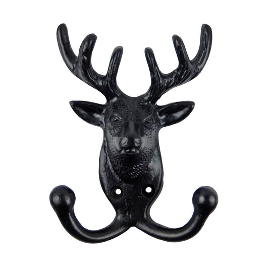 Cast Iron Deer Head Buck Door Double Wall Hook Key Towel Coat Hanger Black