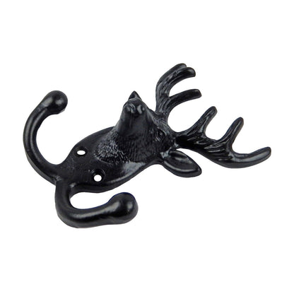 Cast Iron Deer Head Buck Door Double Wall Hook Key Towel Coat Hanger Black