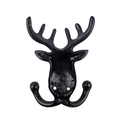 Cast Iron Deer Head Buck Door Double Wall Hook Key Towel Coat Hanger Black