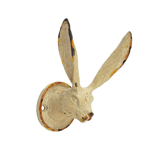 Pewter Rabbit Ears Hare Wall Hook Coat Towel Cap Leash Hanger Antique White