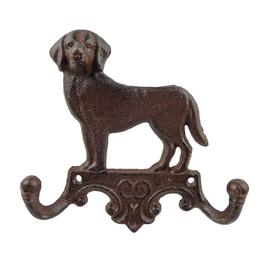 Cast Iron Dog Double Wall Hook Leash Key Towel Coat Hanger Rustic Antique Brown