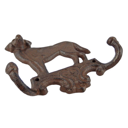 Cast Iron Dog Double Wall Hook Leash Key Towel Coat Hanger Rustic Antique Brown
