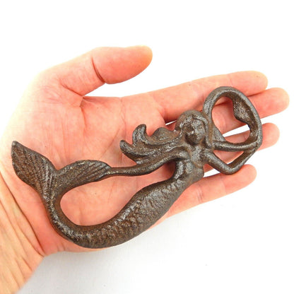 Nautical Cast Iron Mermaid Handheld Beer Soda Bottle Opener Rustic Brown 5.5 in