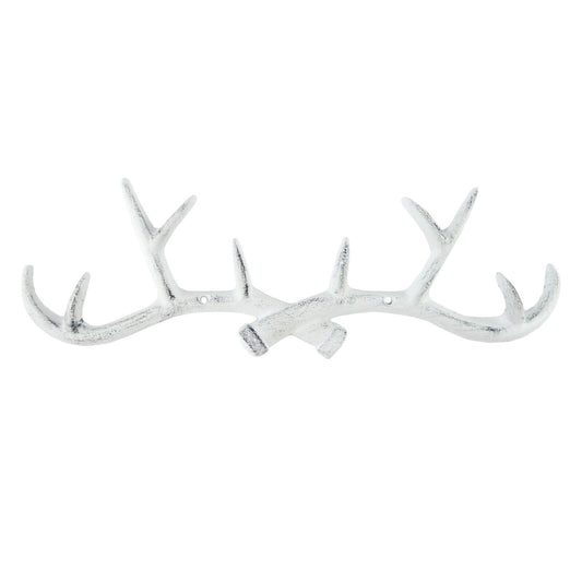 Cast Iron Antler Wall Hook Rack Key Towel Coat Hanger Rustic White 14.5 in