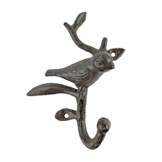 Cast Iron Perched Bird on Branch Wall Hook Key Towel Coat Hanger Rustic Brown