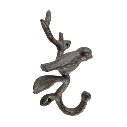 Cast Iron Perched Bird on Branch Wall Hook Key Towel Coat Hanger Rustic Brown