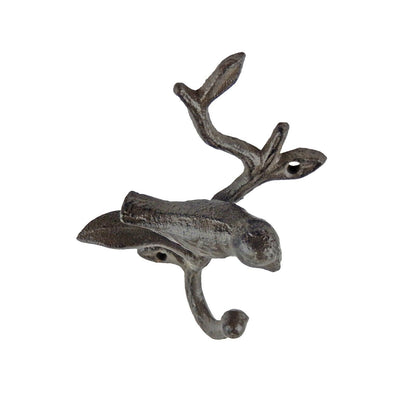 Cast Iron Perched Bird on Branch Wall Hook Key Towel Coat Hanger Rustic Brown