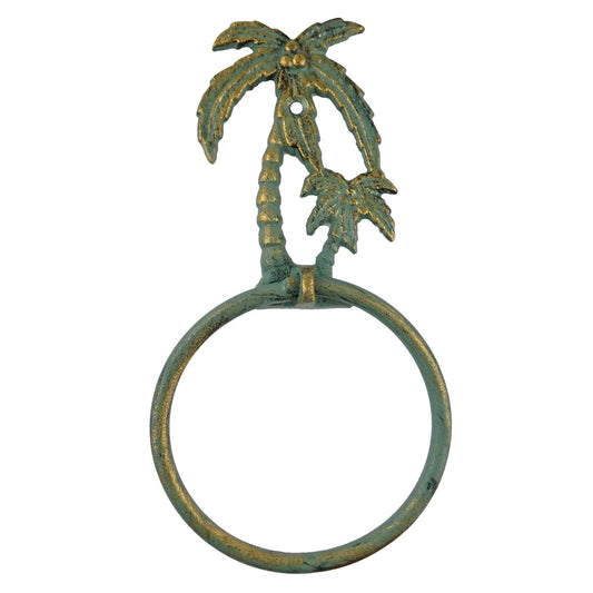 Cast Iron Palms Bathroom Hand Towel Ring Tropical Beach House Decor Green Gold