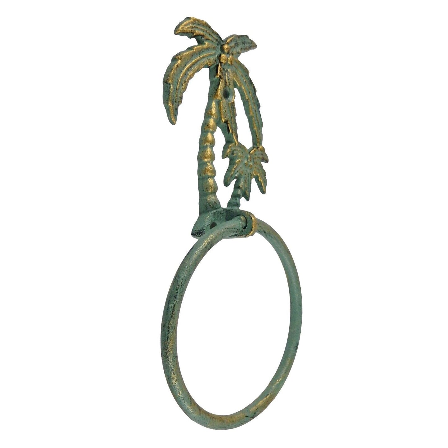 Cast Iron Palms Bathroom Hand Towel Ring Tropical Beach House Decor Green Gold