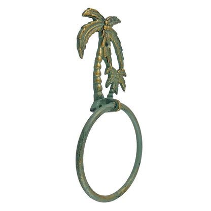 Cast Iron Palms Bathroom Hand Towel Ring Tropical Beach House Decor Green Gold