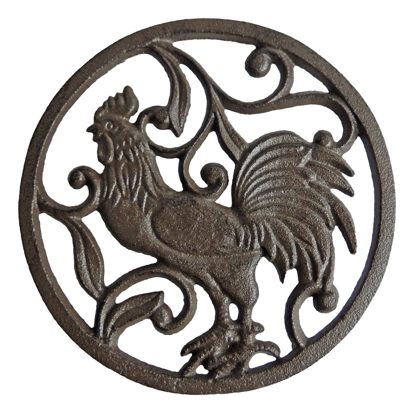 Cast Iron Rooster Scrolls Trivet Hot Pot Plate Holder Antique Brown 7 1/4 inch