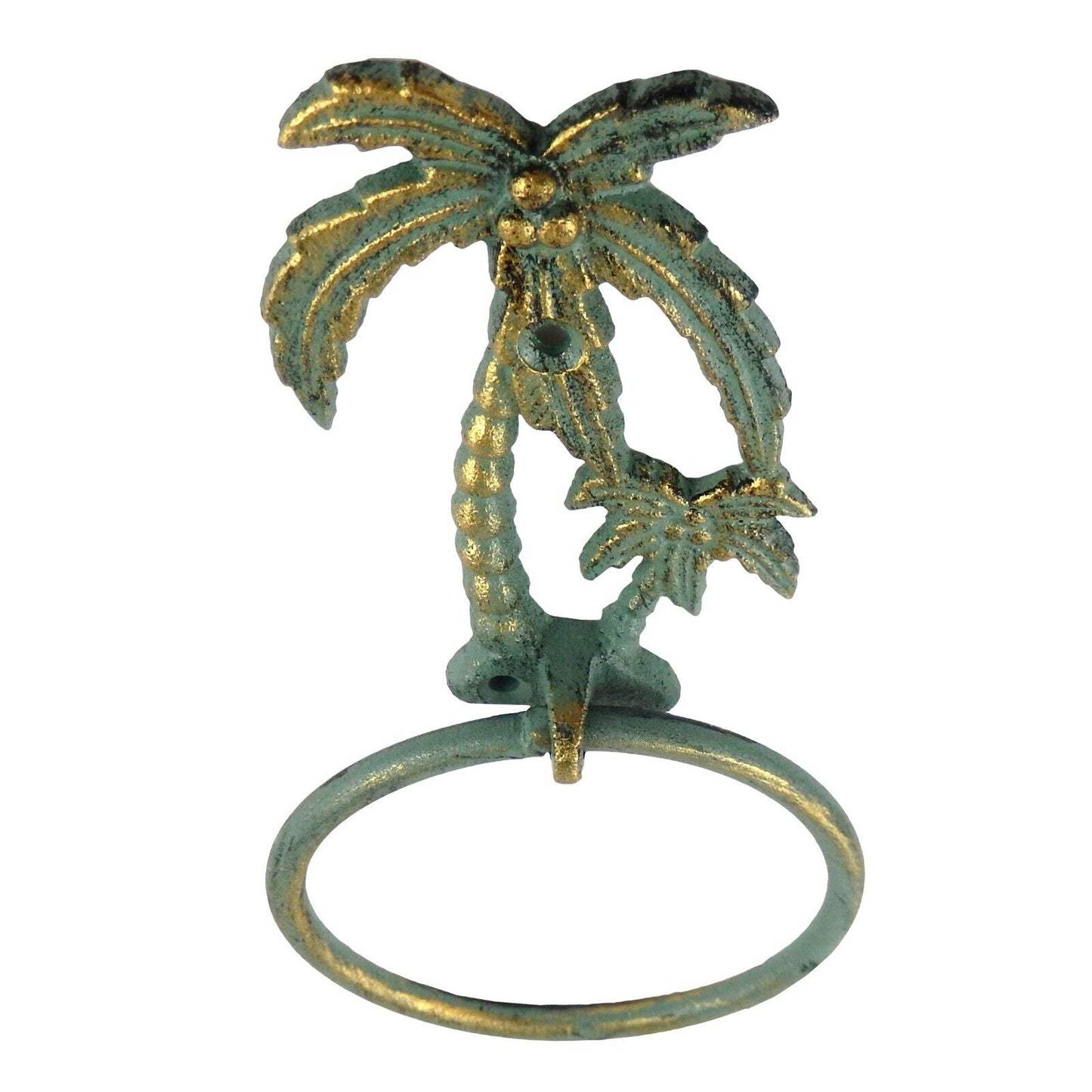 Cast Iron Palms Bathroom Hand Towel Ring Tropical Beach House Decor Green Gold