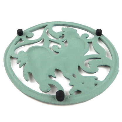 Cast Iron Rooster Scrolls Trivet Hot Pot Plate Holder Green/Gold 7 1/4 inch