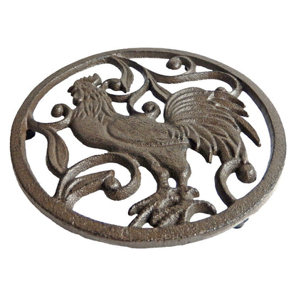 Cast Iron Rooster Scrolls Trivet Hot Pot Plate Holder Antique Brown 7 1/4 inch