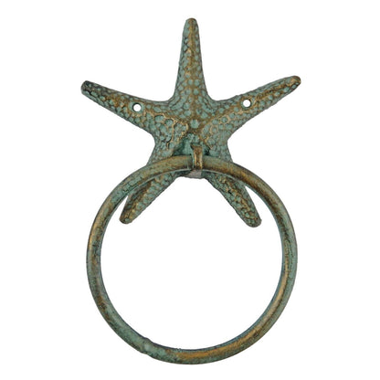 Cast Iron Starfish Bathroom Towel Ring Wall Mounted Verdigris Green Gold