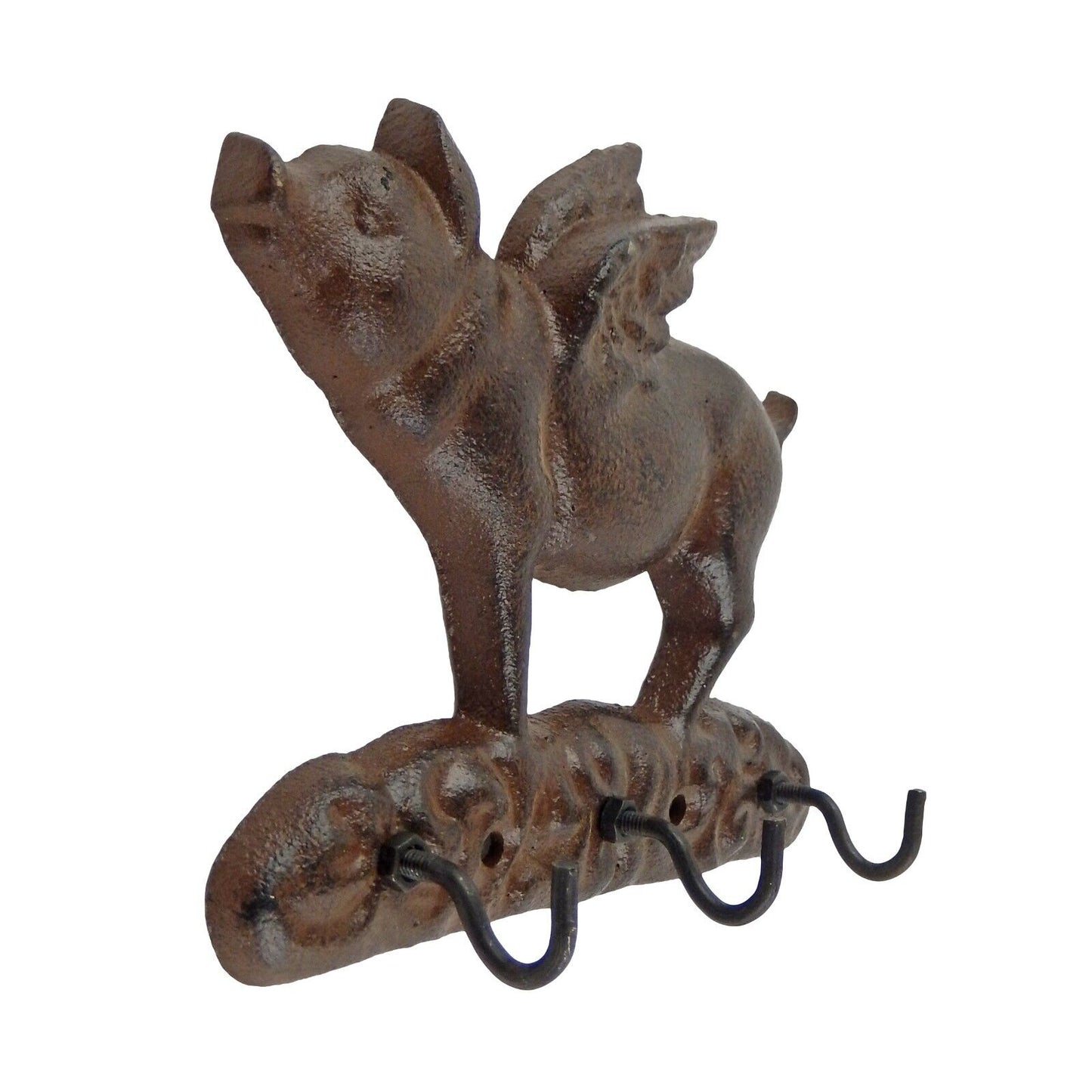 Cast Iron Flying Pig Wings Triple Key Holder Hook Rack Wall Mounted Rustic Brown