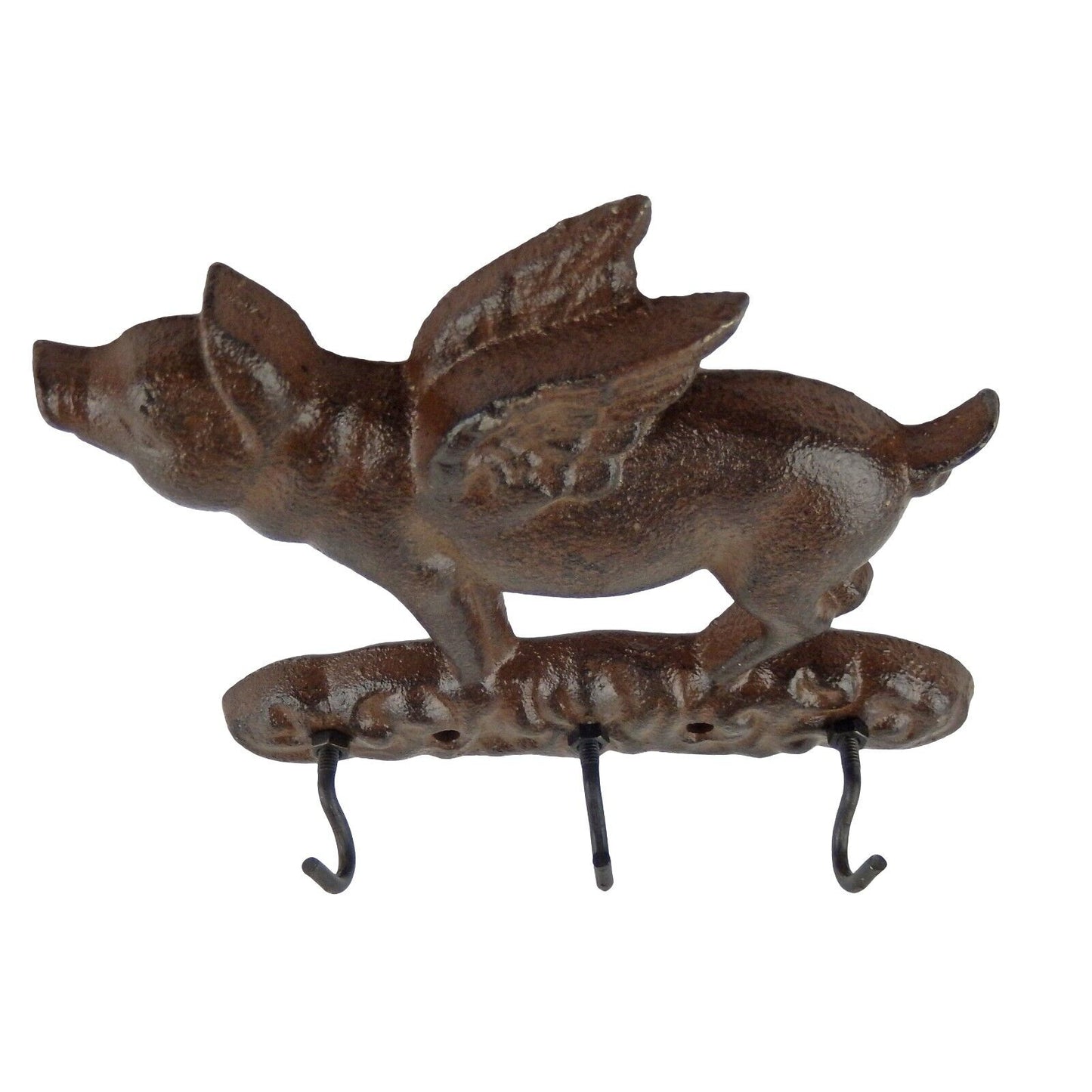 Cast Iron Flying Pig Wings Triple Key Holder Hook Rack Wall Mounted Rustic Brown