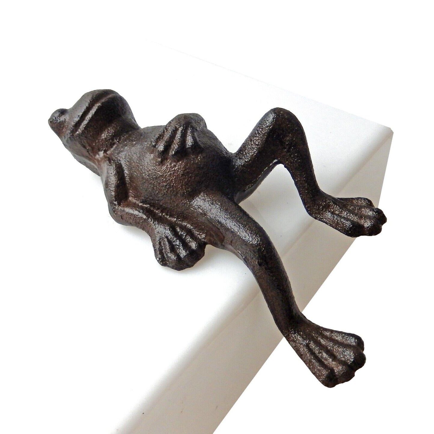 Cast Iron Lazy Frog Relaxing Figurine Shelf Ledge Sitter Antique Brown 7 inch