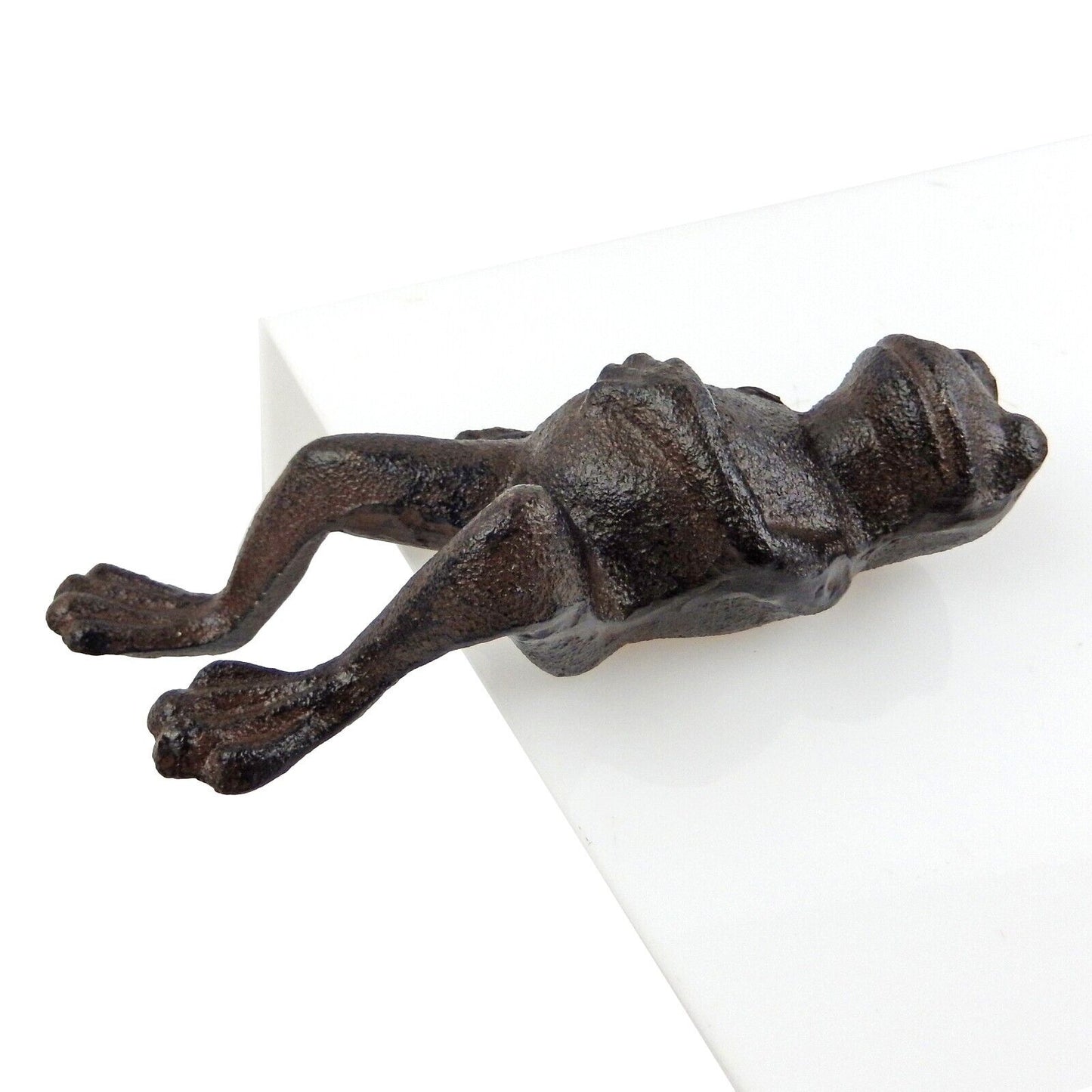 Cast Iron Lazy Frog Relaxing Figurine Shelf Ledge Sitter Antique Brown 7 inch