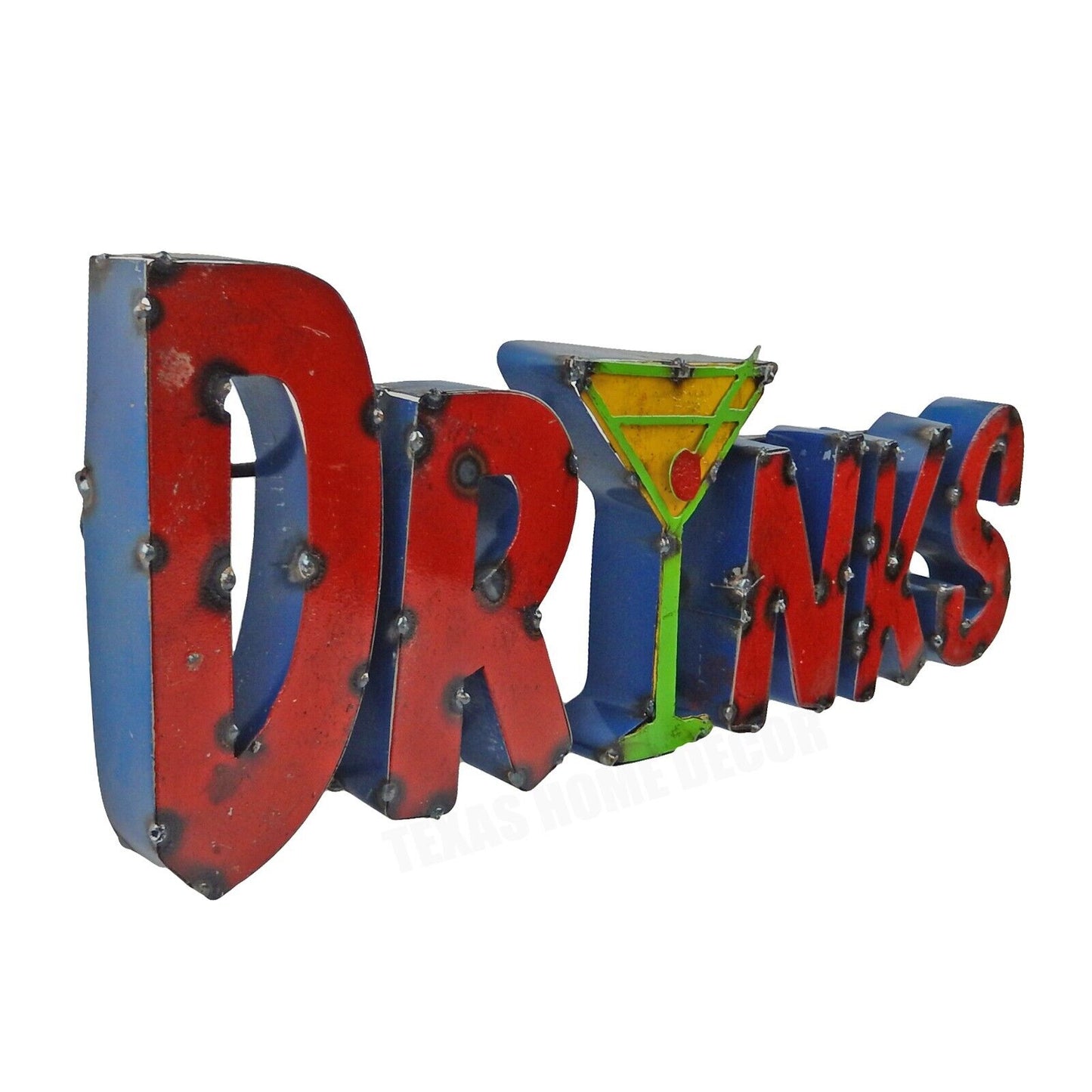 DRINKS Martini Glass Recycled Metal Sign Colorful Bar Cantina Wall Decor 21.5 in