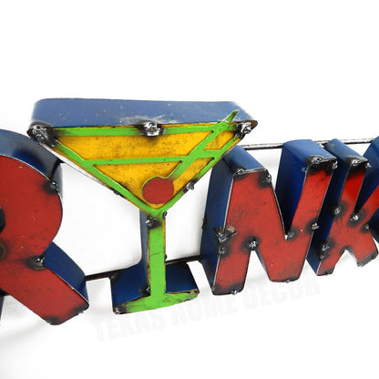 DRINKS Martini Glass Recycled Metal Sign Colorful Bar Cantina Wall Decor 21.5 in