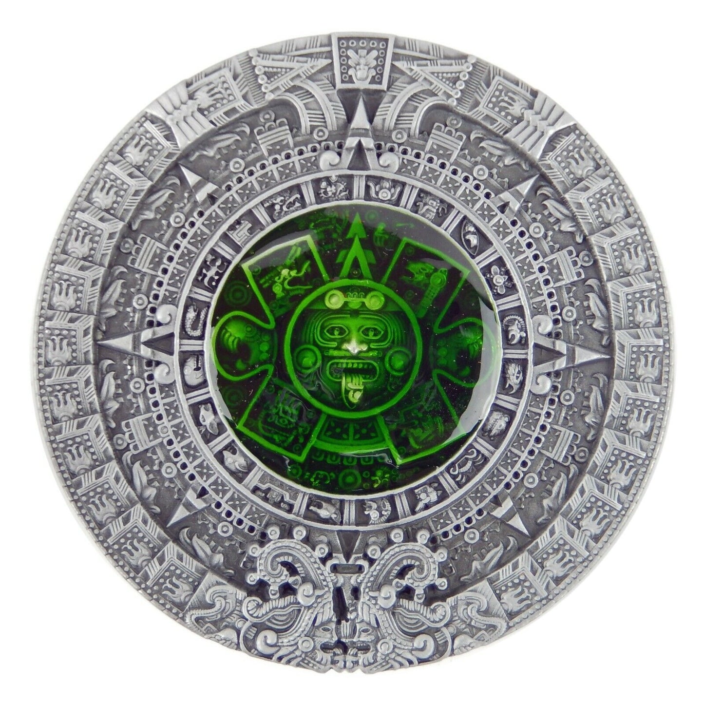 Aztec Calendar Belt Buckle Antique Silver Fits 1.5" Belts Green Enamel Inlay