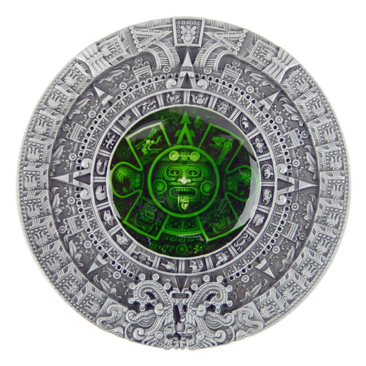 Aztec Calendar Belt Buckle Antique Silver Fits 1.5" Belts Green Enamel Inlay