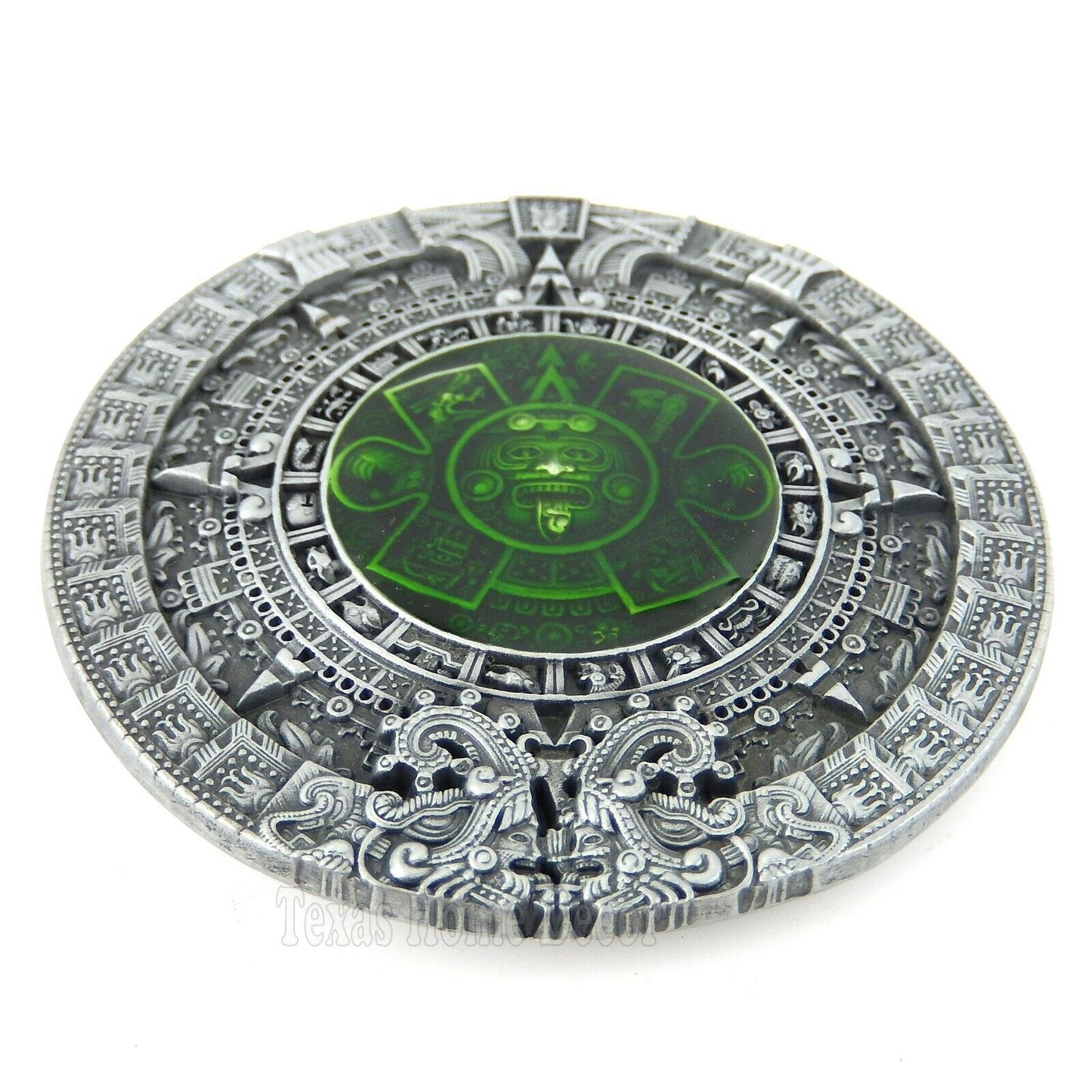 Aztec Calendar Belt Buckle Antique Silver Fits 1.5" Belts Green Enamel Inlay