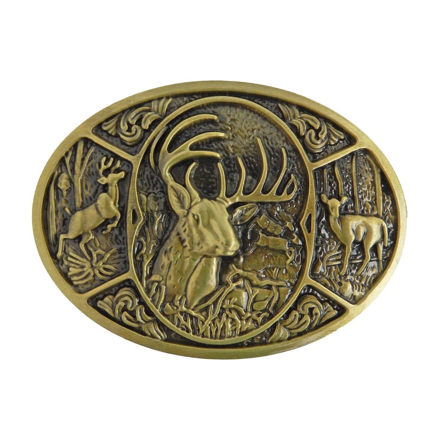 Men's Deer Belt Buckle Bucks Hunter Antique Bronze Tone Western Fits 1.5" Belt