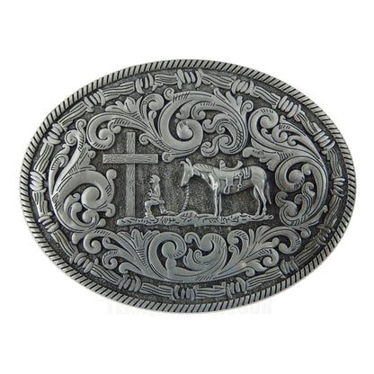 Western Belt Buckle Praying Cowboy Kneeling at Cross Horse Antique Silver Floral