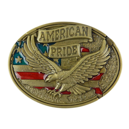 American Pride Flag Eagle Belt Buckle Enamel Color Antique Bronze Fits 1.5" Belt