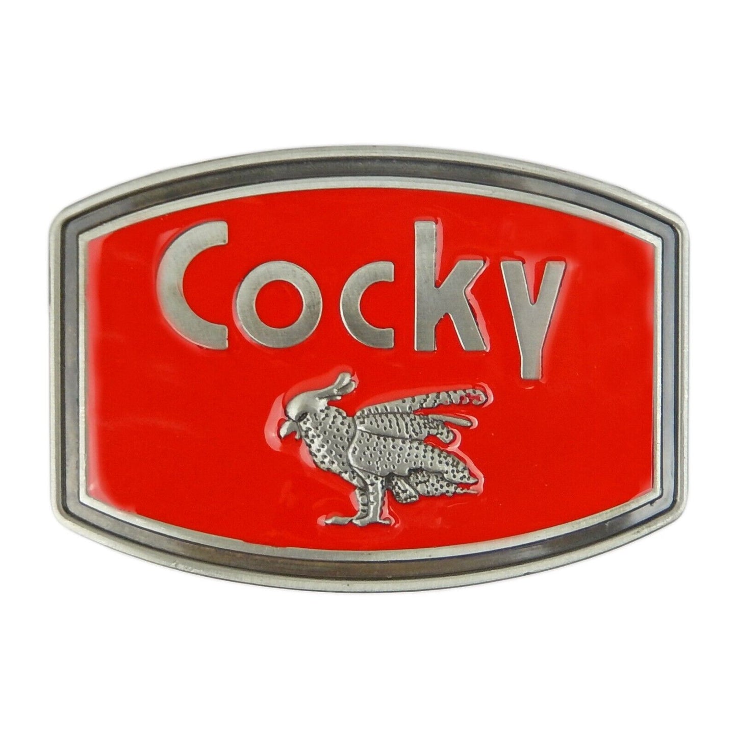 Rooster Cocky Men's Belt Buckle Antique Silver Red Enamel Inlay Fits 1.5" Belts