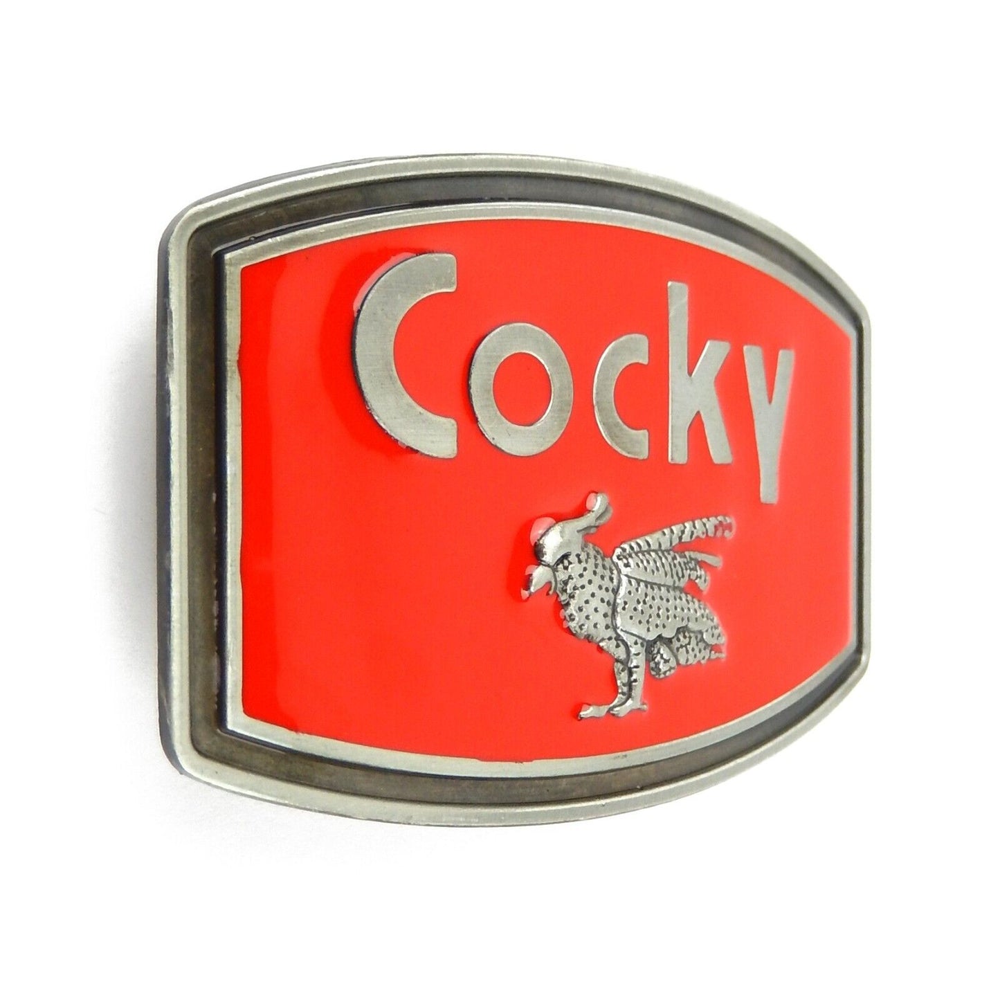 Rooster Cocky Men's Belt Buckle Antique Silver Red Enamel Inlay Fits 1.5" Belts