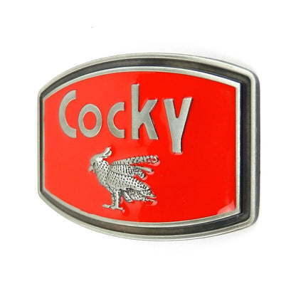 Rooster Cocky Men's Belt Buckle Antique Silver Red Enamel Inlay Fits 1.5" Belts