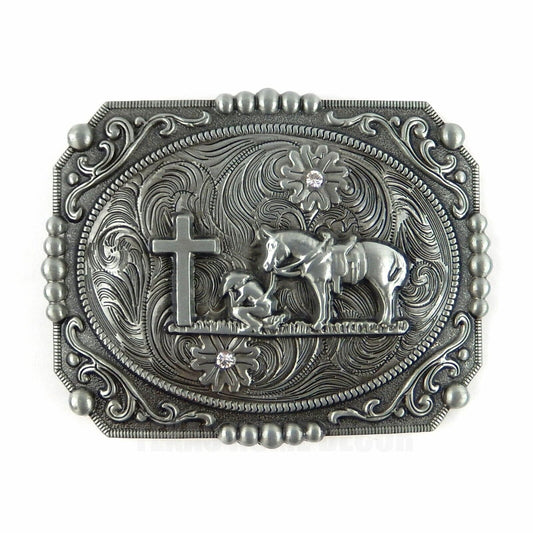 Western Floral Belt Buckle Praying Cowboy Kneeling at Cross Antique Silver Tone