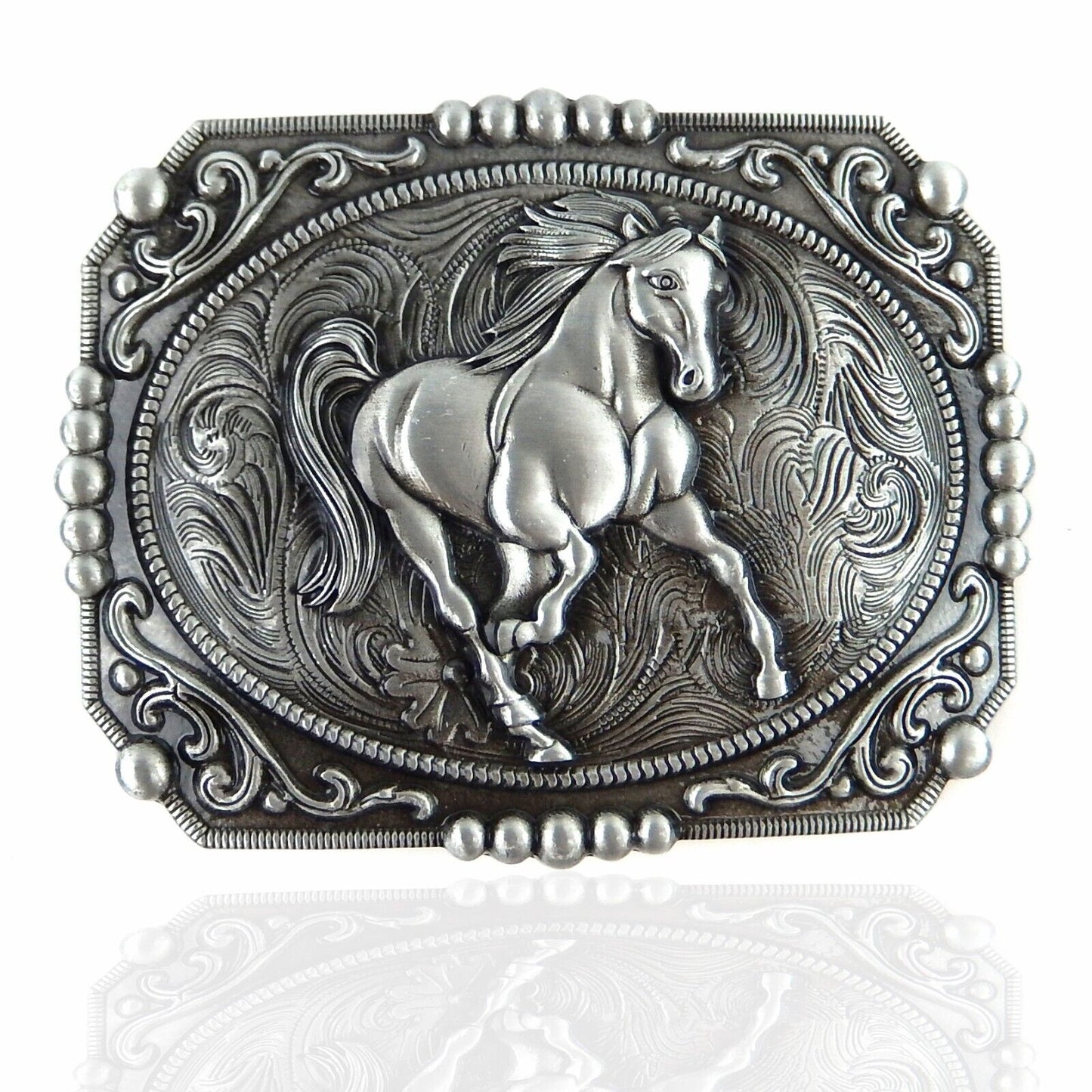 Unisex Western Horse Tooled Floral Belt Buckle Antique Silver Fits 1.5" Belts