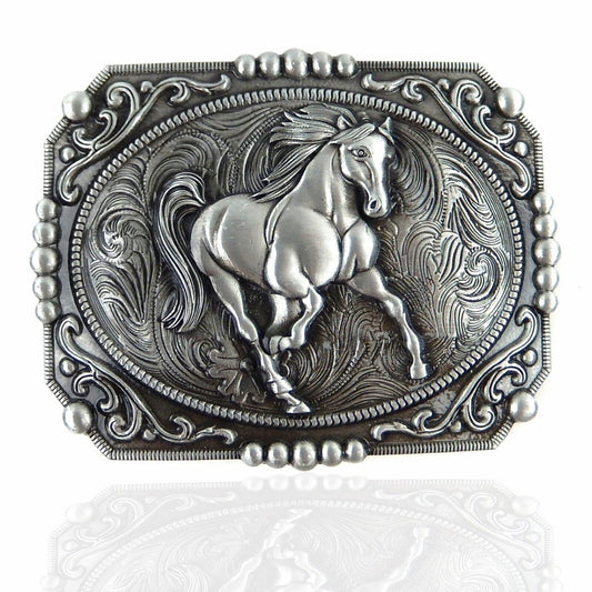 Unisex Western Horse Tooled Floral Belt Buckle Antique Silver Fits 1.5" Belts