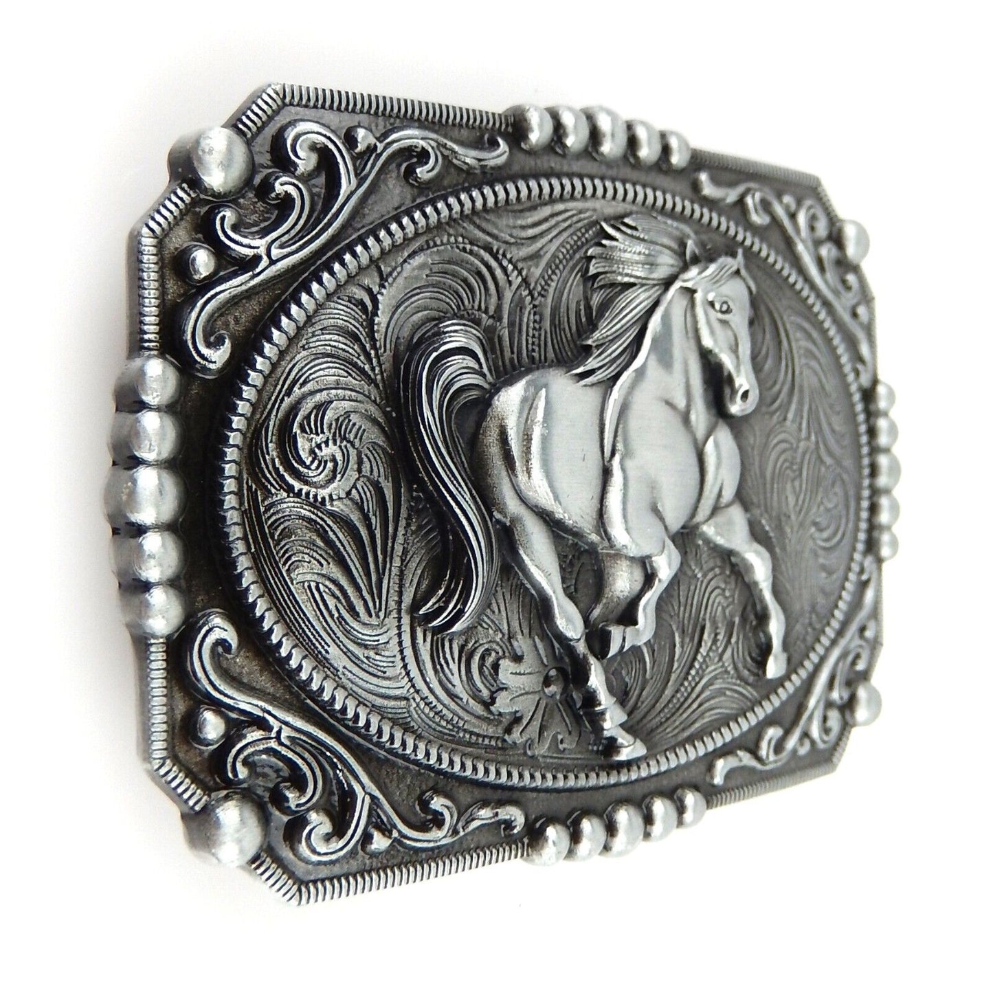 Unisex Western Horse Tooled Floral Belt Buckle Antique Silver Fits 1.5" Belts