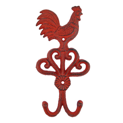 Cast Iron Rooster Scrolls Double Wall Hook Key Towel Coat Hanger Rustic Red