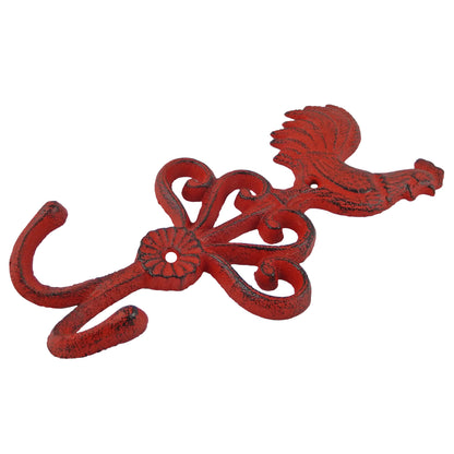 Cast Iron Rooster Scrolls Double Wall Hook Key Towel Coat Hanger Rustic Red