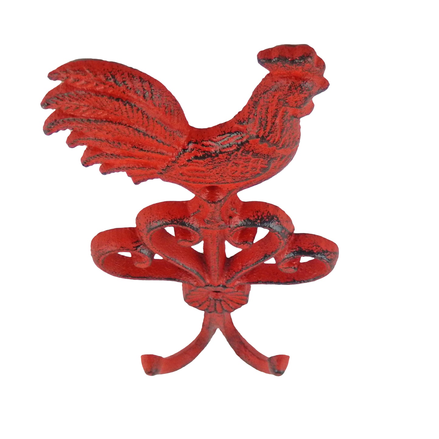 Cast Iron Rooster Scrolls Double Wall Hook Key Towel Coat Hanger Rustic Red