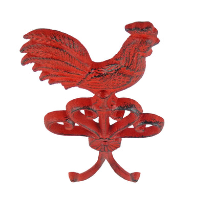 Cast Iron Rooster Scrolls Double Wall Hook Key Towel Coat Hanger Rustic Red