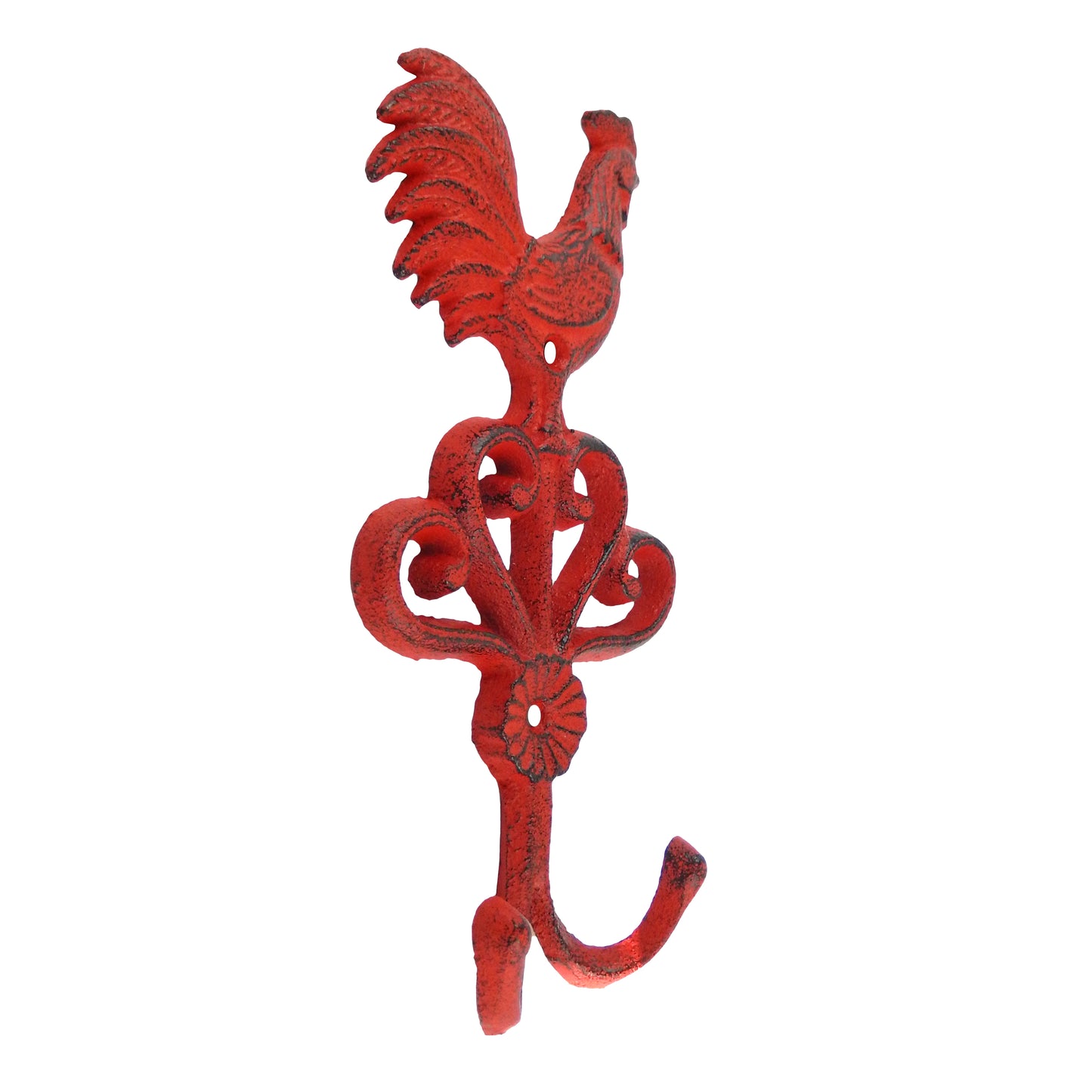 Cast Iron Rooster Scrolls Double Wall Hook Key Towel Coat Hanger Rustic Red