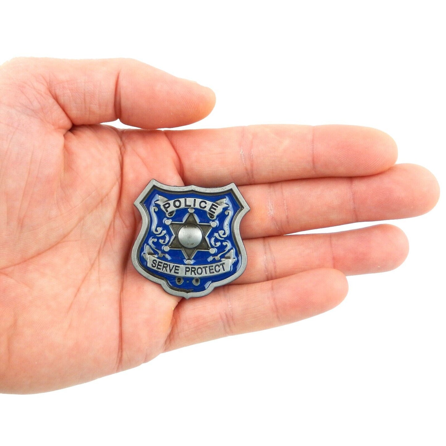 Metal Policeman Emblem Shield Refrigerator Magnet Decor Blue Enamel Inlay 1.5 in