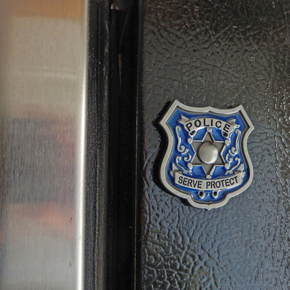 Metal Policeman Emblem Shield Refrigerator Magnet Decor Blue Enamel Inlay 1.5 in