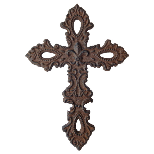 Fleur De Lis Cast Iron Wall Cross Decorative Layered Scrolls Rustic 9.5 x 6.5 in