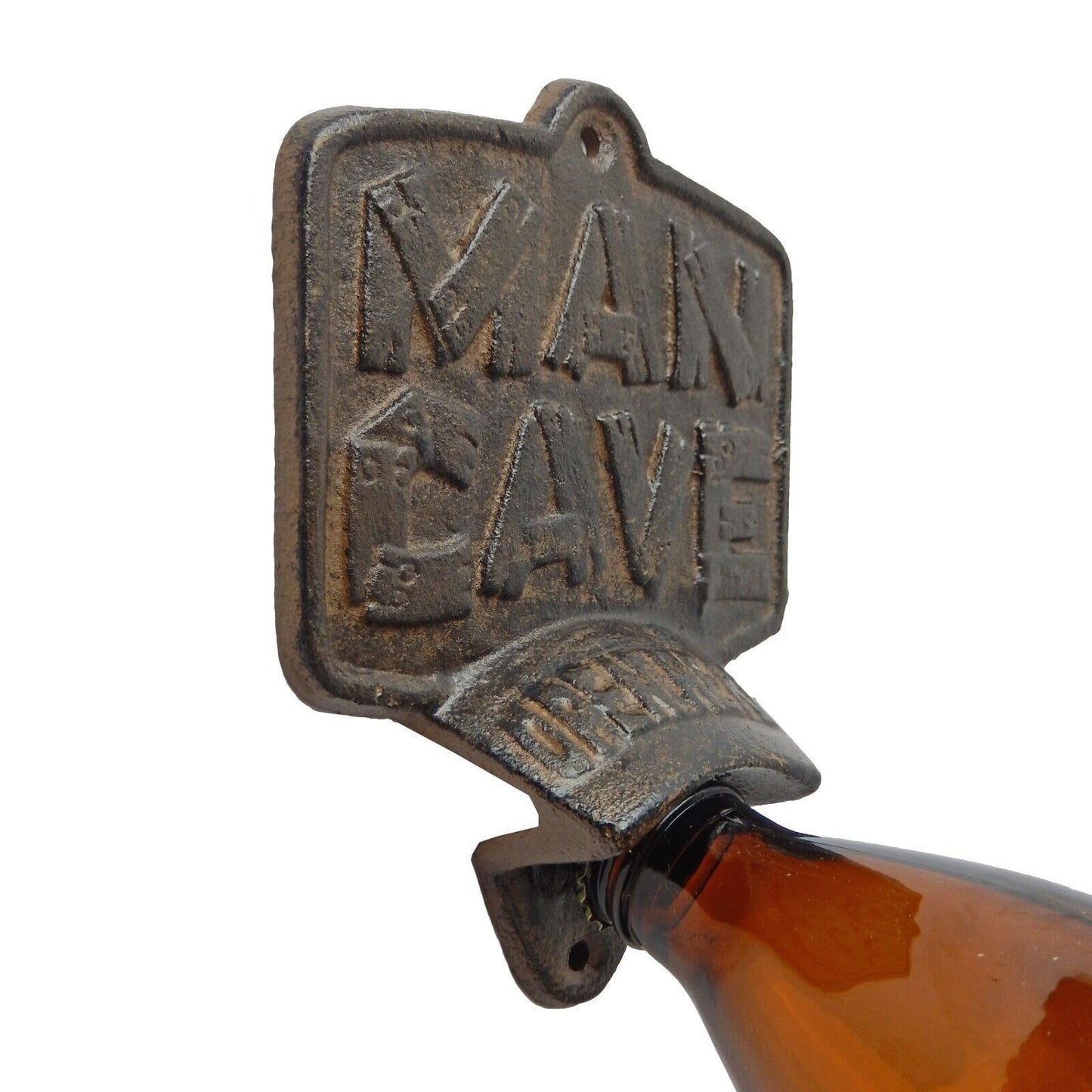 Rustic Cast Iron Man Cave Bar Open Here Beer Bottle Opener Wall Mounted Brown