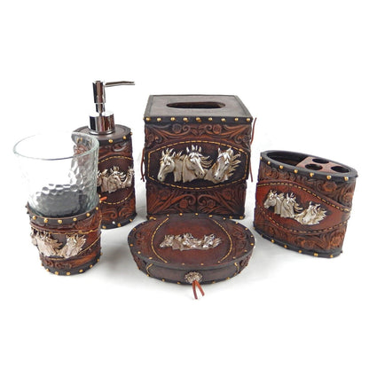 Horses Floral Concho Bathroom Accessory Set 5 Pieces Rustic Western Decor Brown