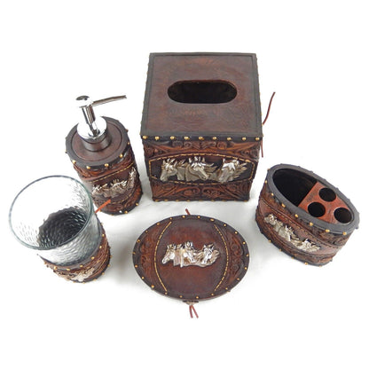 Horses Floral Concho Bathroom Accessory Set 5 Pieces Rustic Western Decor Brown